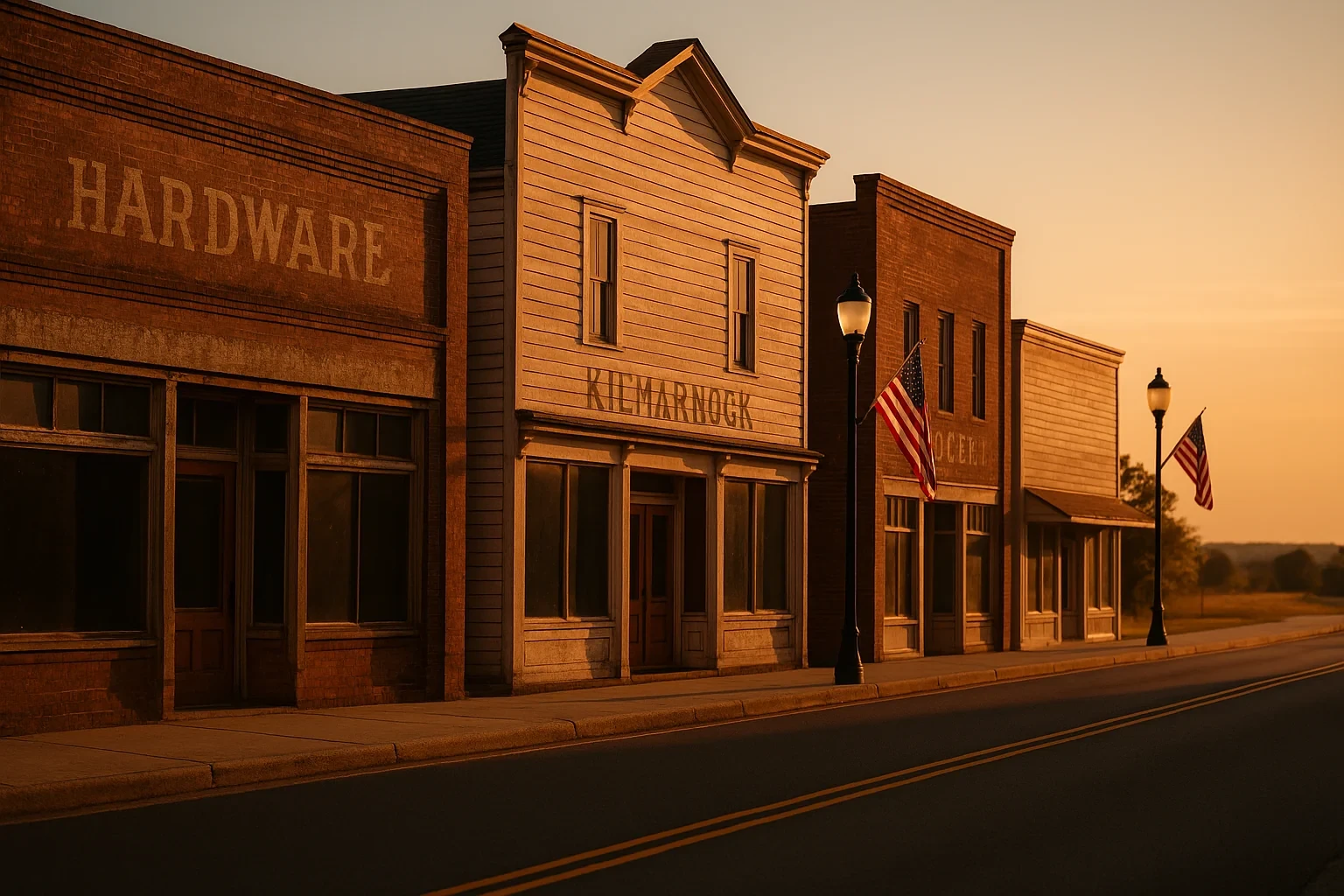 Historic downtown Kilmarnock storefronts with hardware sign, American flags, and lampposts at golden hour sunset