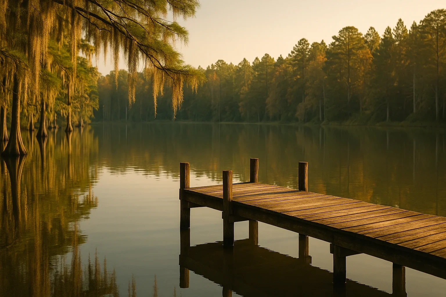 Wooden dock extending into a calm lake with cypress trees and Spanish moss at sunset in Suffolk