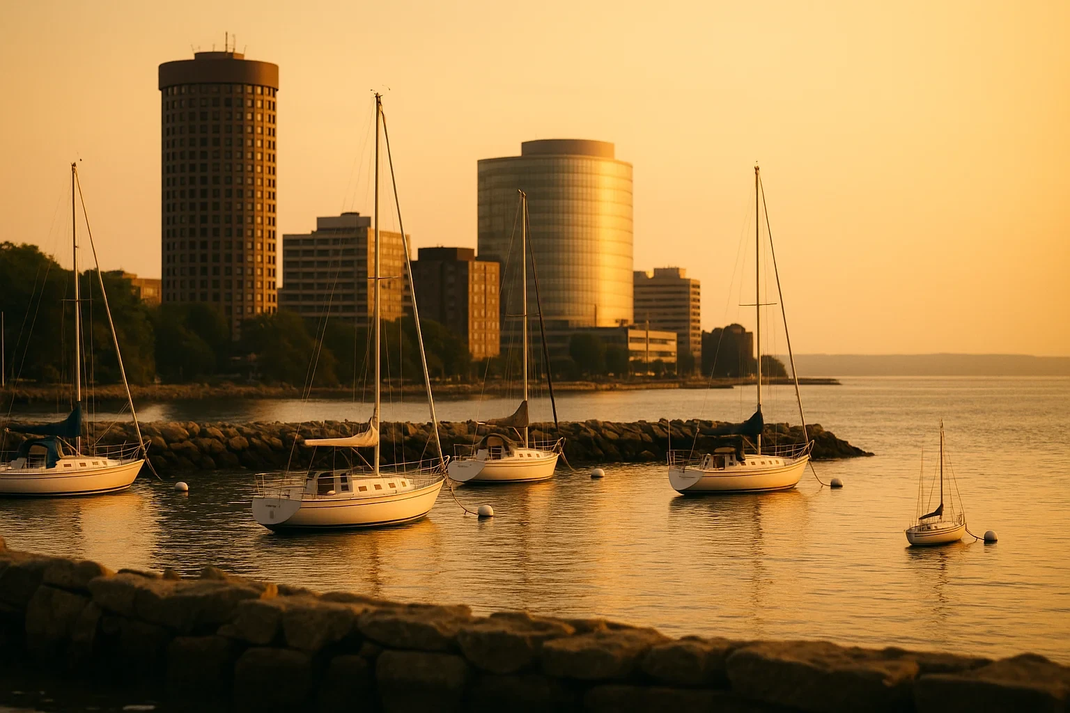 Sailboats moored in calm harbor waters at golden hour with Stamford skyline buildings in the background.