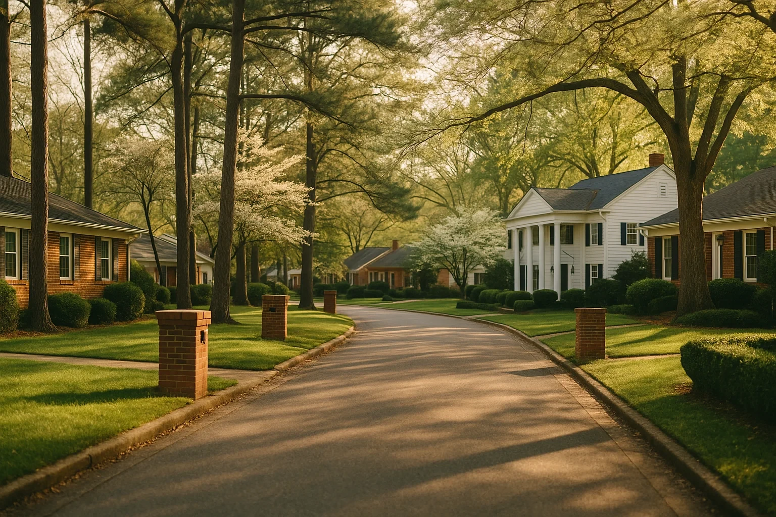 Tree-lined residential street in Chester with brick mailboxes, manicured lawns, and traditional homes at sunset
