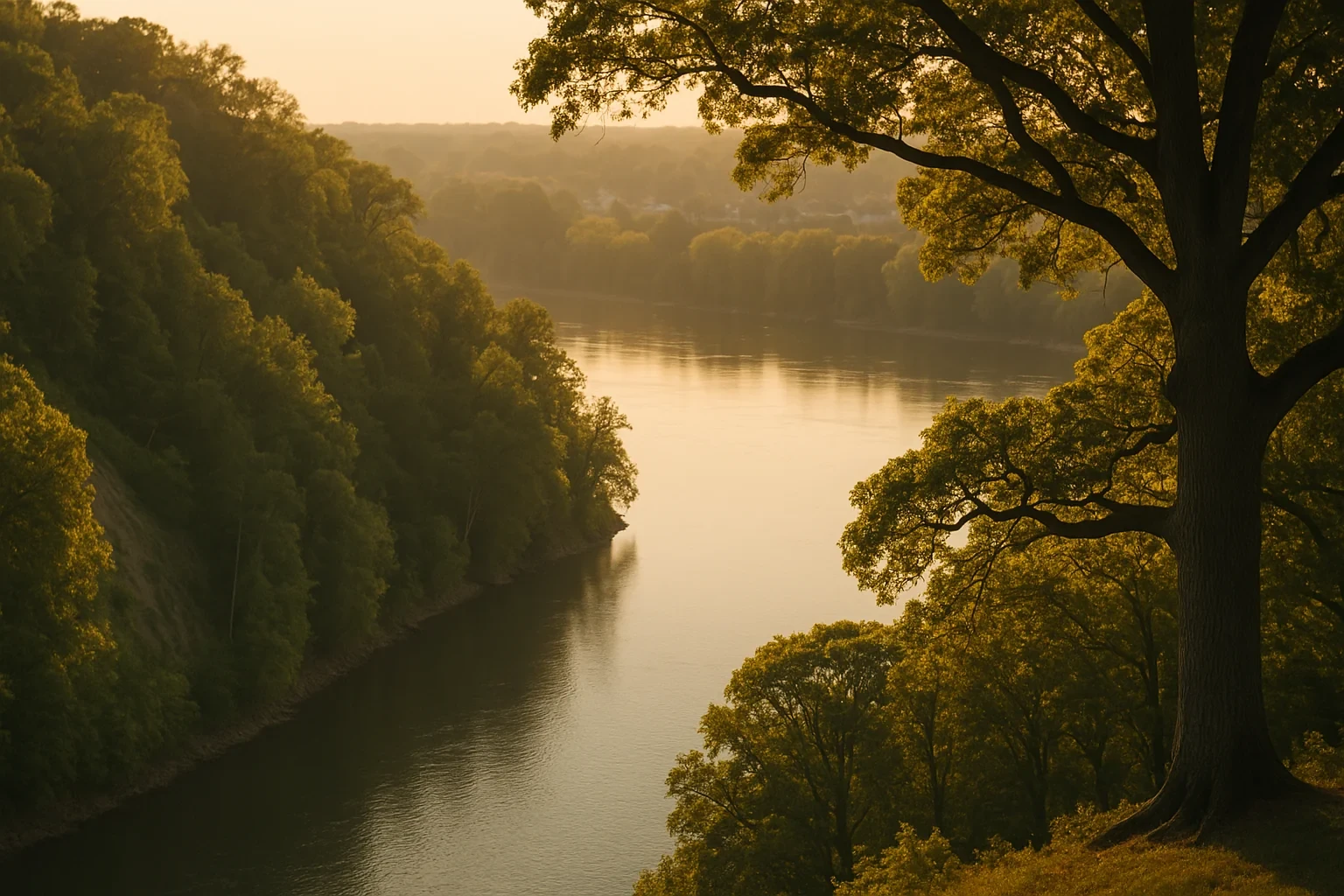 Golden sunset over a tree-lined river winding through forested hills near Colonial Heights, viewed from a wooded bluff.