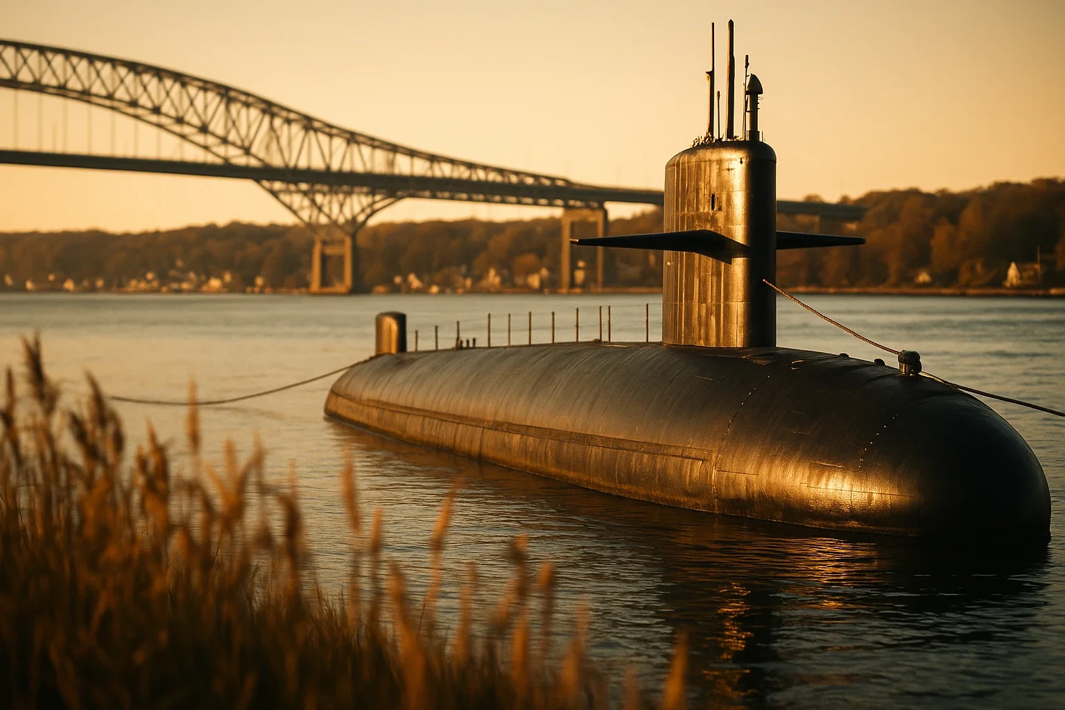 Submarine docked near a steel arch bridge at golden hour along the waterfront in Conning Towers Nautilus Park