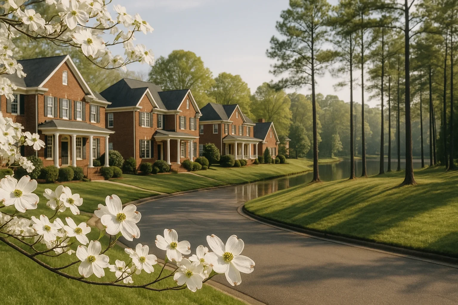 Brick colonial homes line a curved lakeside street with blooming dogwood flowers in Hollymead