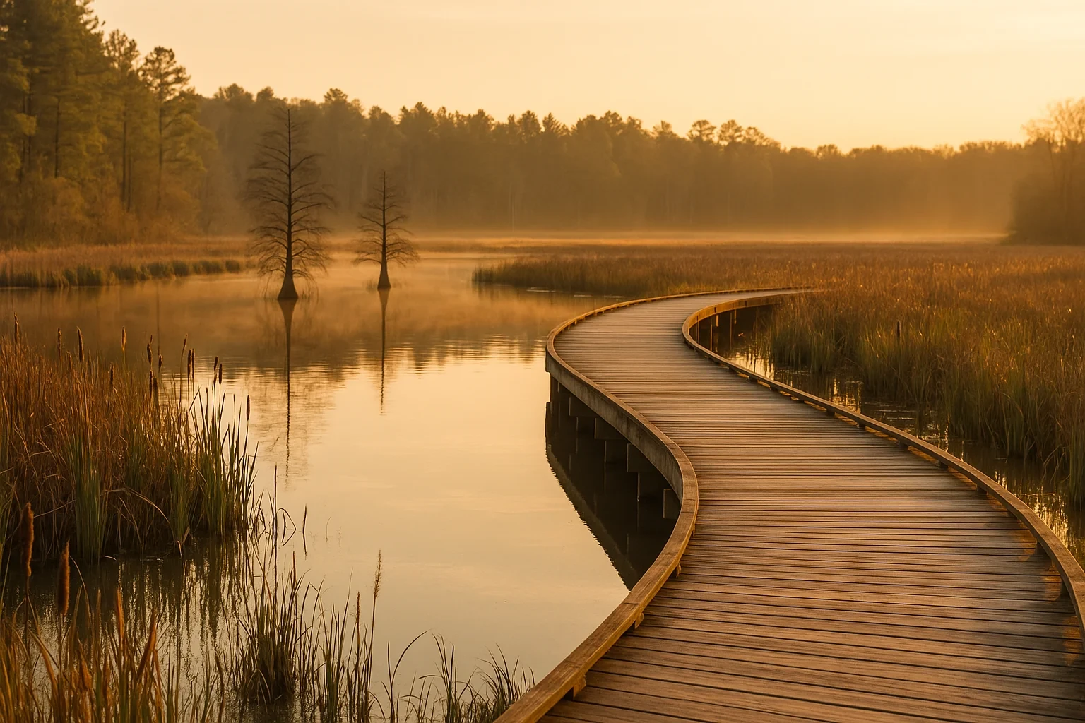 Curved wooden boardwalk winding through misty wetland marsh at golden sunrise near Hayfield