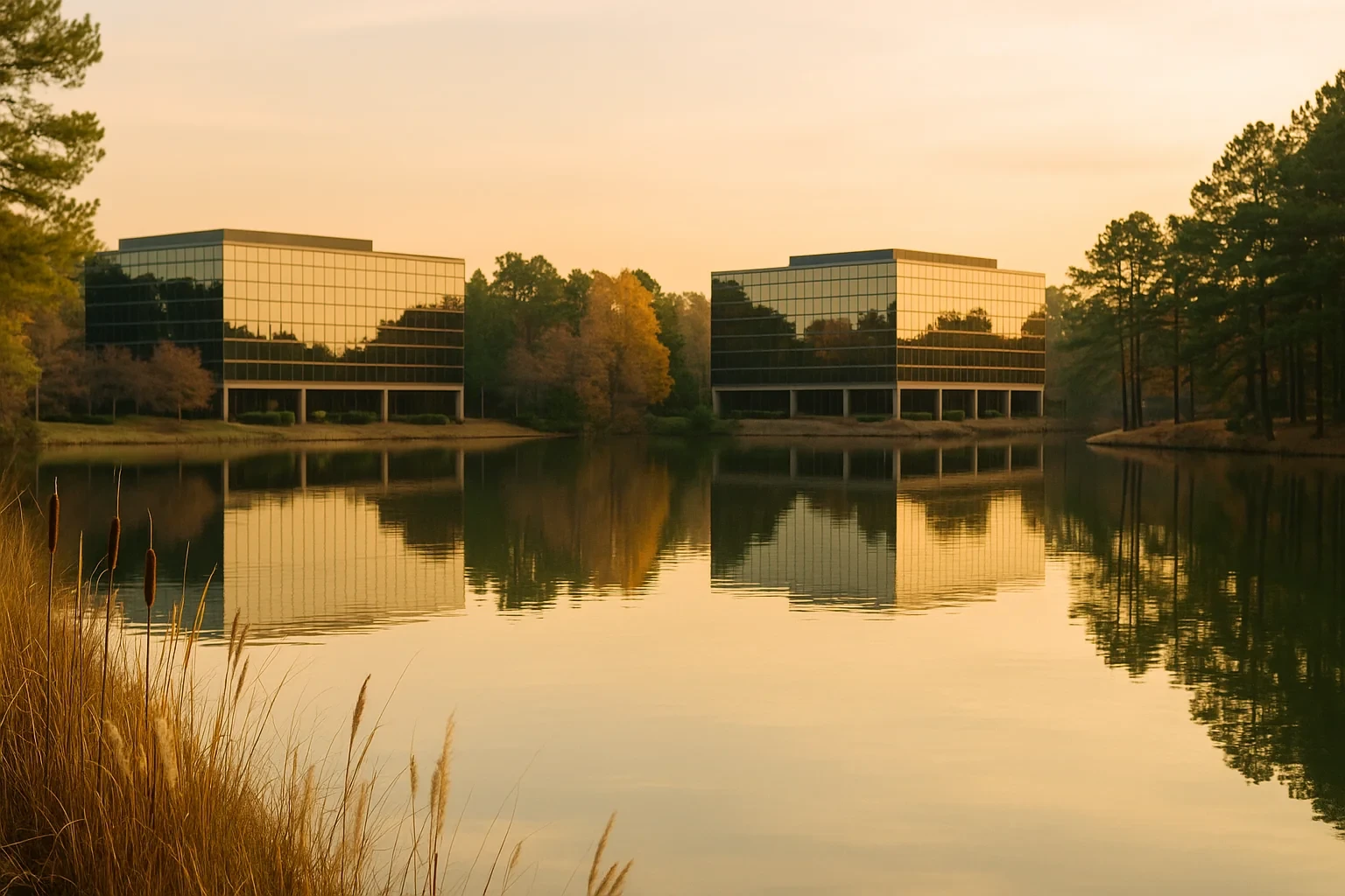 Twin glass office buildings reflecting on a calm lake at golden hour in University Center, framed by pine trees