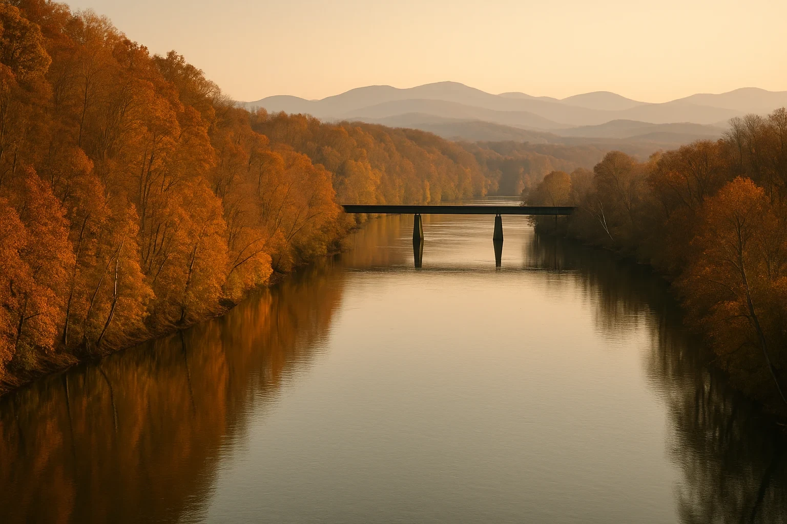 Autumn trees line a calm river with a bridge and misty mountain ridges at sunset near Altavista