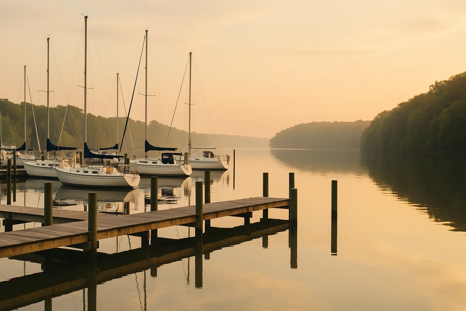 Sailboats moored at a wooden dock on calm water at golden hour with tree-lined shores in Aquia Harbour