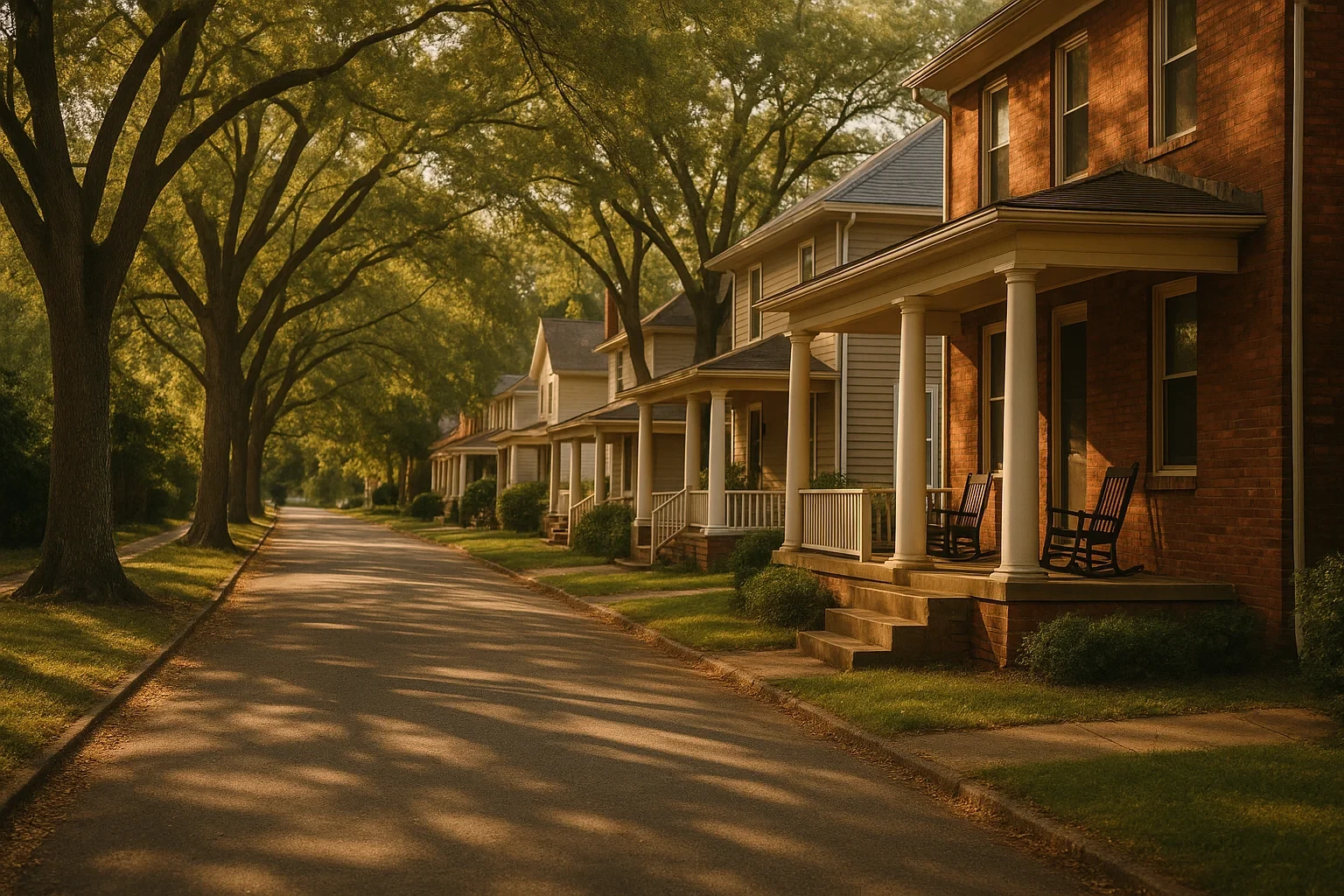 Tree-lined street with historic homes featuring brick facades, columned porches, and rocking chairs in South Hill