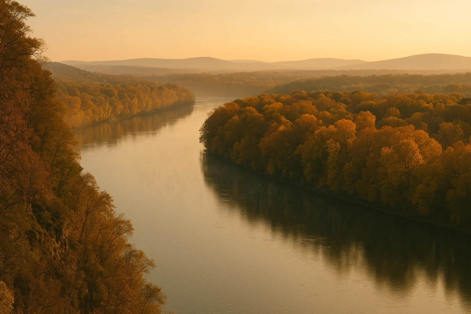 Golden autumn sunrise over a winding river framed by forested hills near Lansdowne, viewed from a cliff.