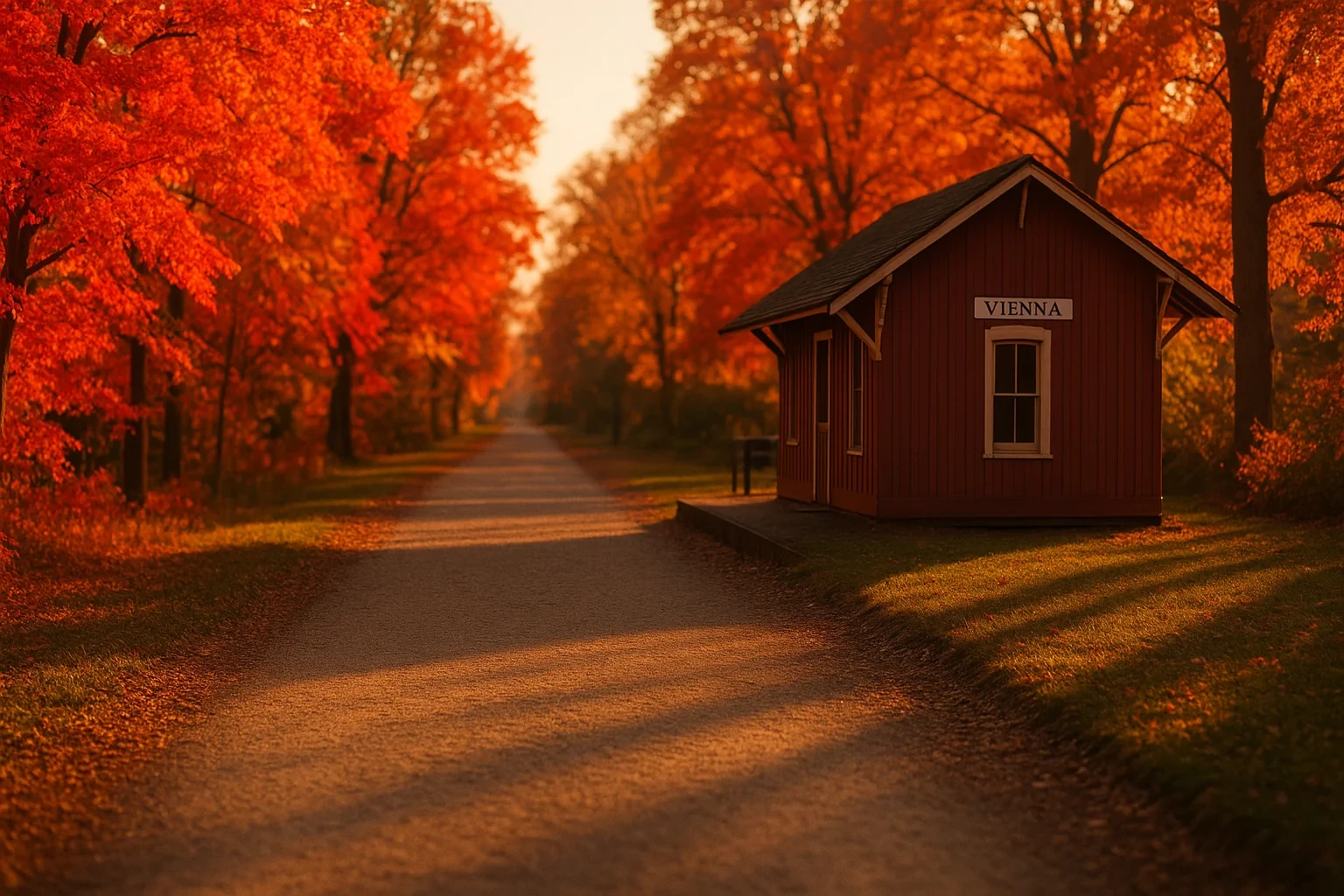 Historic red train depot station along a tree-lined path with vibrant autumn foliage in Vienna