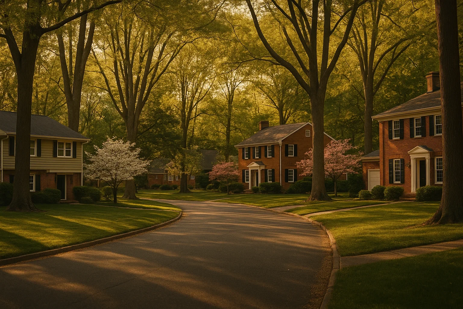 Tree-lined residential street with brick colonial homes and blooming dogwoods in Idylwood at golden hour