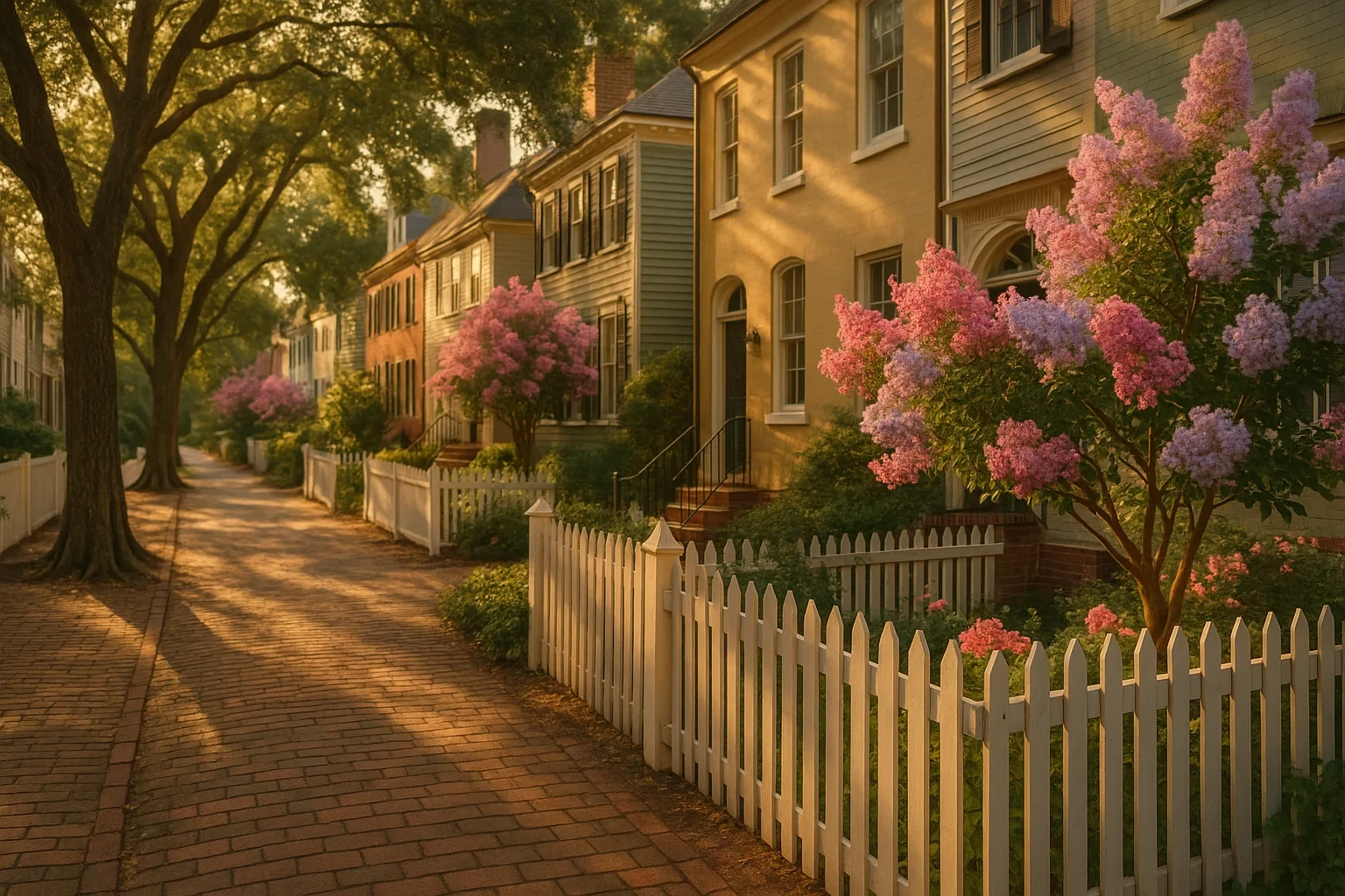 Historic Smithfield street with white picket fences, blooming crepe myrtles, and colorful colonial homes at sunset