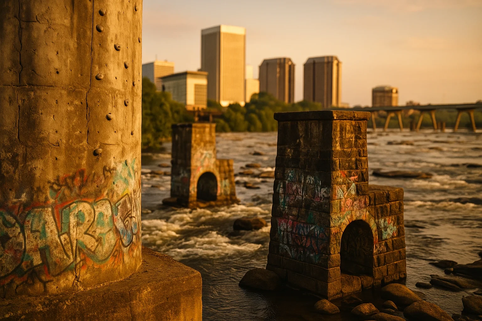 Graffiti-covered stone bridge pillars stand in a rocky river at sunset with the Manchester skyline behind.
