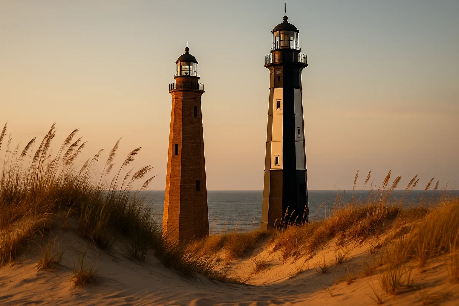 Twin lighthouses rising above grassy sand dunes along the Virginia Beach coastline at golden hour.
