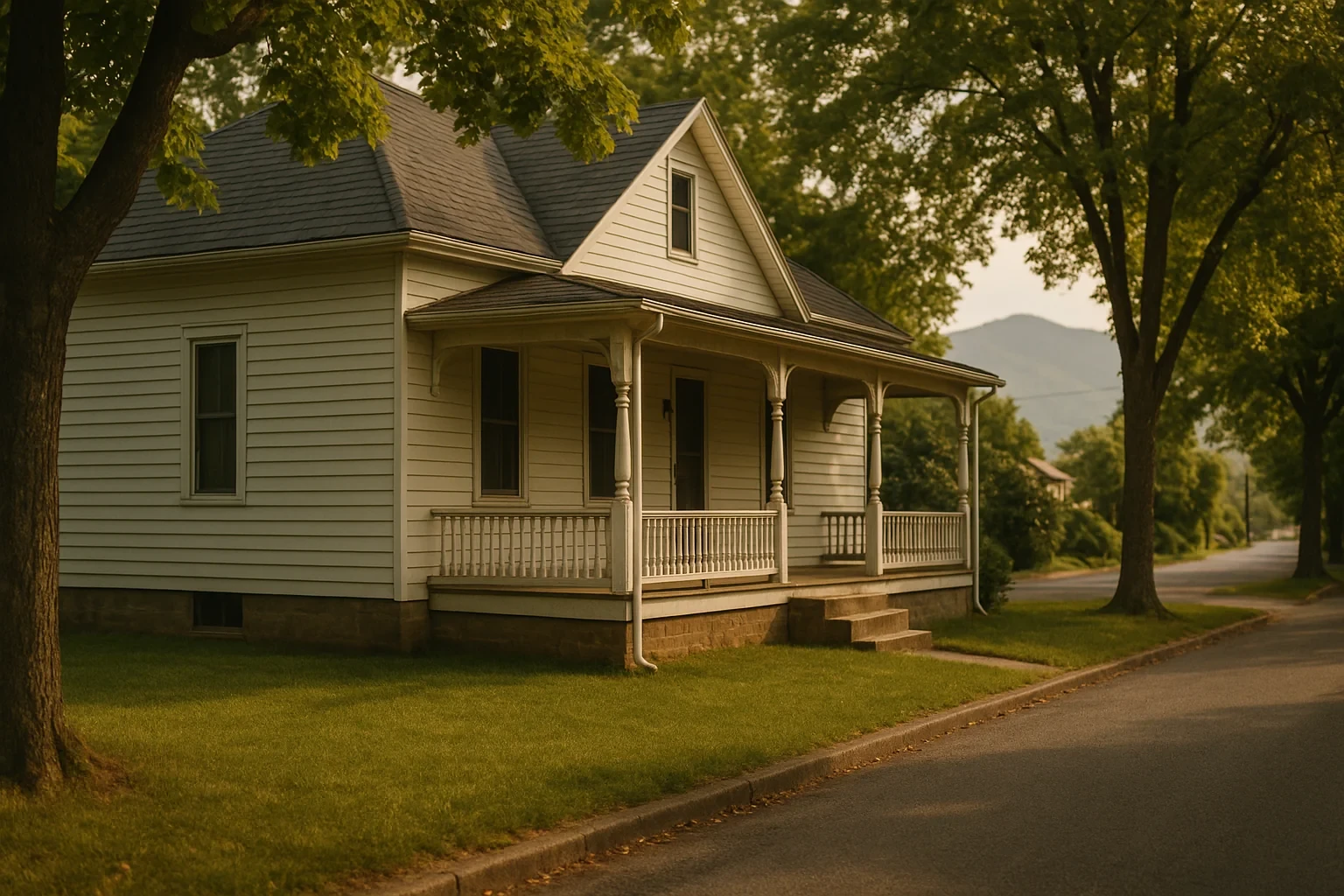 Charming white cottage with covered front porch on a tree-lined street in Grottoes with mountain views