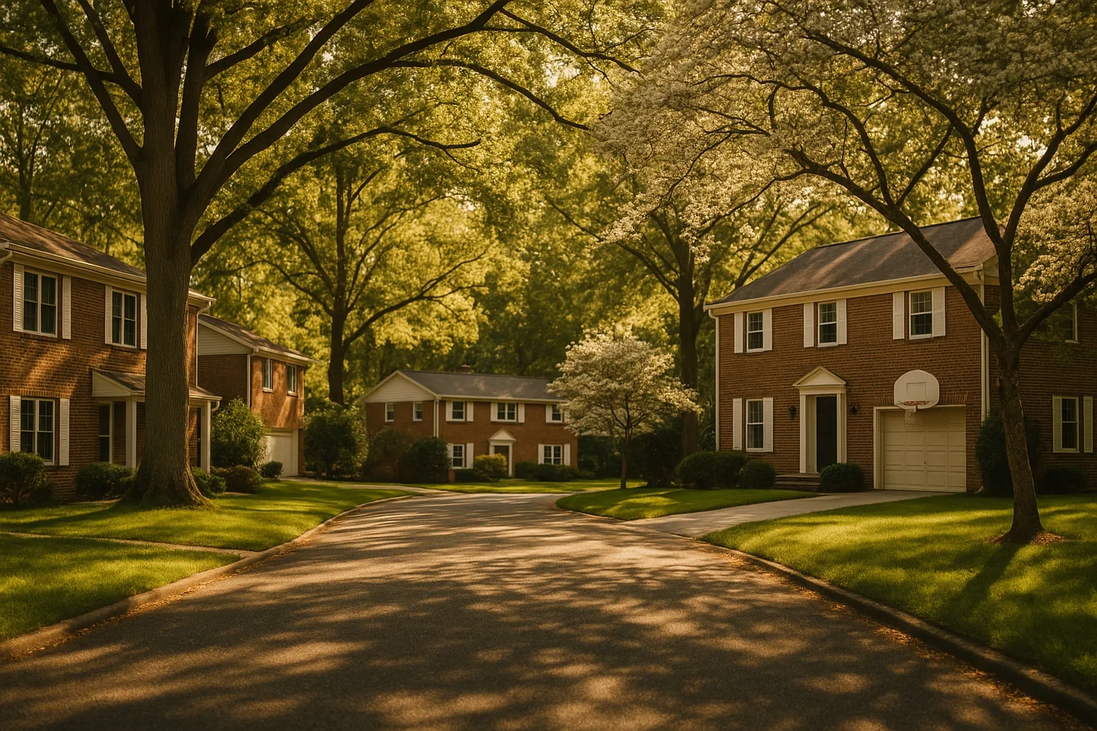 Tree-lined street with brick colonial homes and a basketball hoop in a quiet Loch Lomond neighborhood