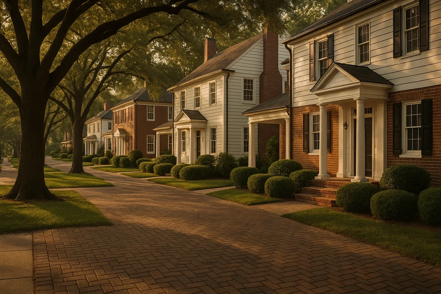 Tree-lined Lansdowne street with colonial-style brick and white homes, manicured shrubs, and brick walkway at sunset