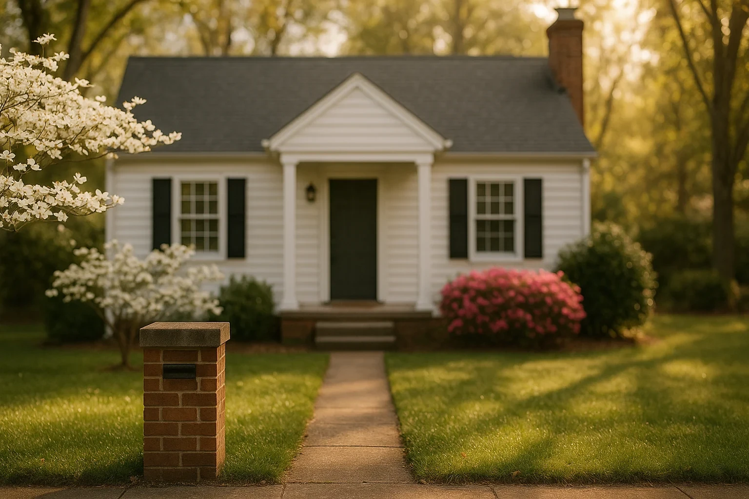 Charming white cottage with black shutters, brick mailbox, and blooming dogwoods in a Pimmit Hills neighborhood