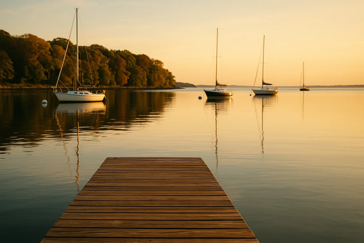 Wooden dock extending into calm harbor waters with sailboats moored at golden sunset near Riverside